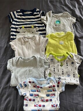 Lot of 7 baby onesies size 3-6 month monsters and trains and cactus
